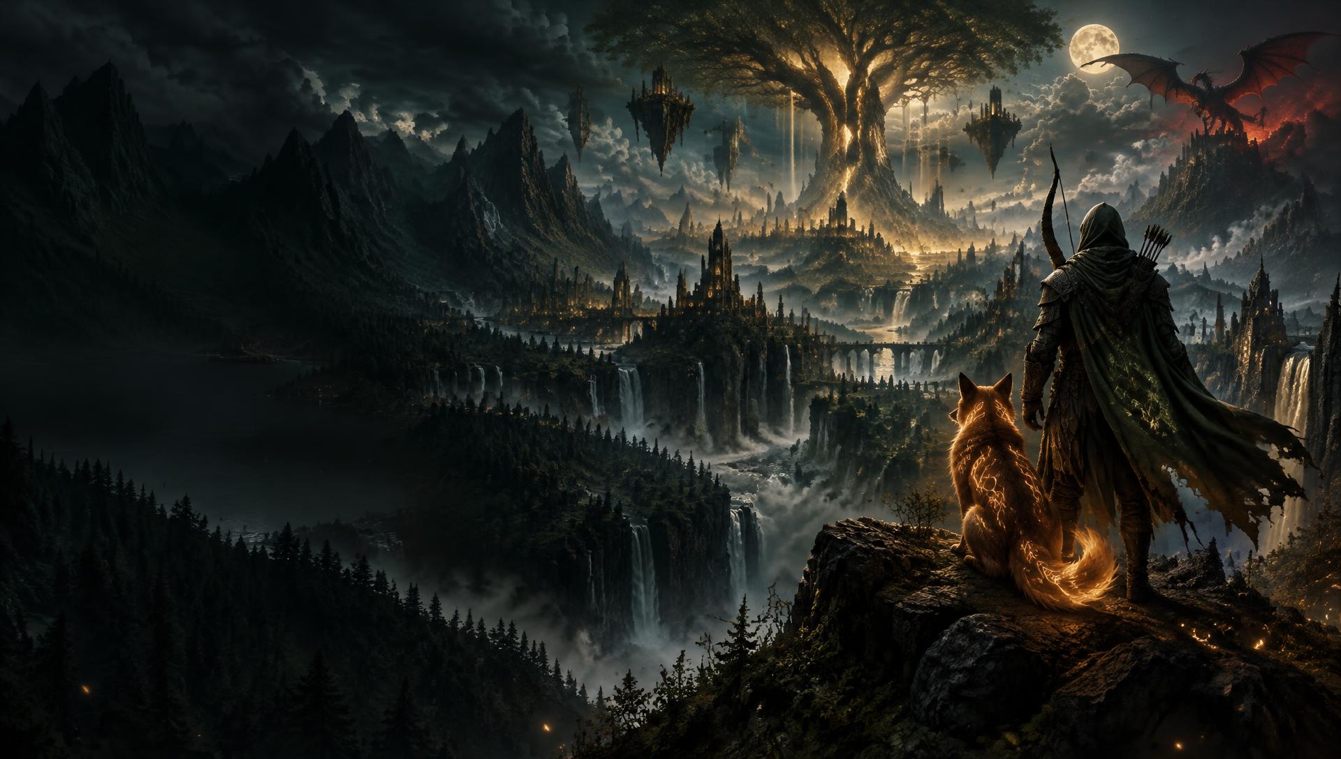 A hooded ranger and glowing fox overlooking the ancient world-tree of Wildera